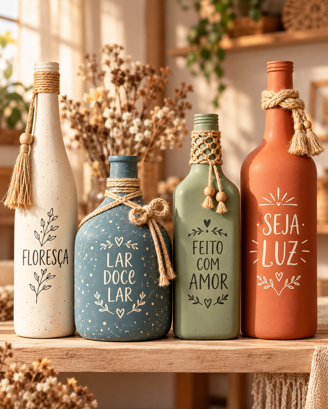 Coleção de garrafas decoradas artesanais em tons terrosos