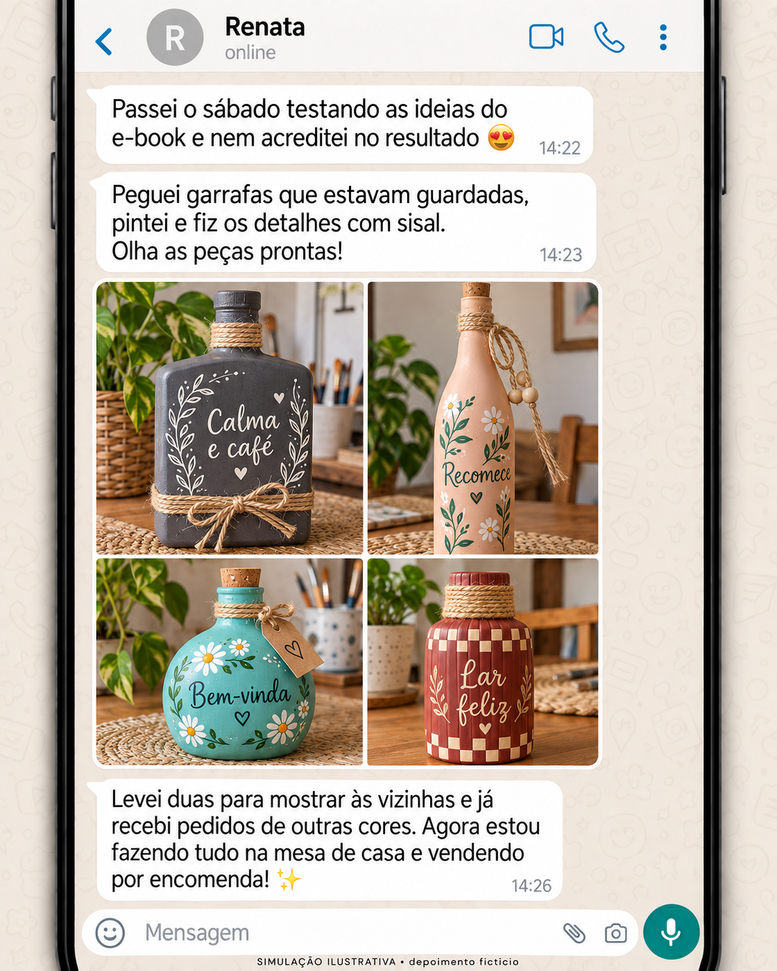 Depoimento ilustrativo de Renata mostrando quatro garrafas decoradas