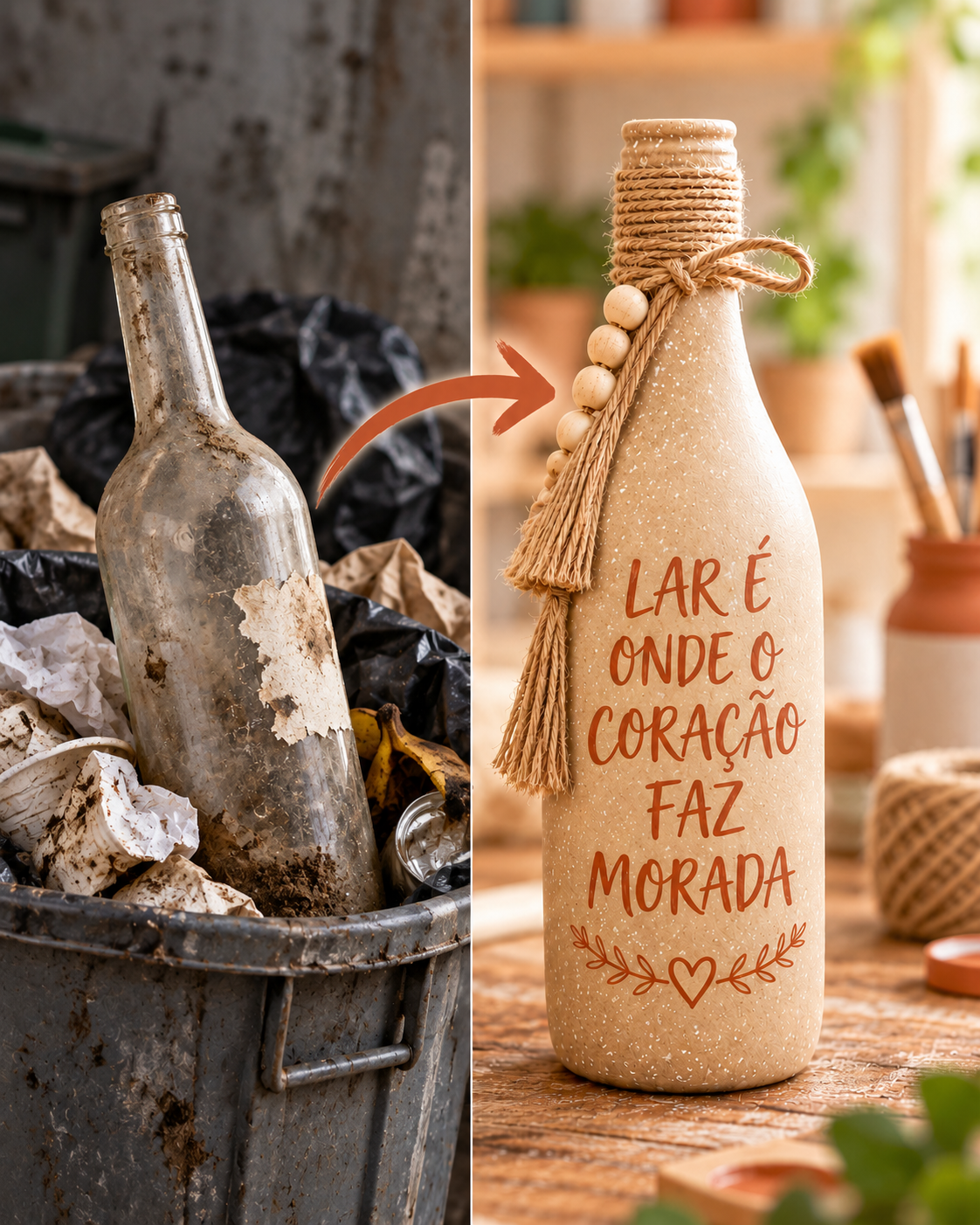 Antes e depois: garrafa comum transformada em peça decorativa