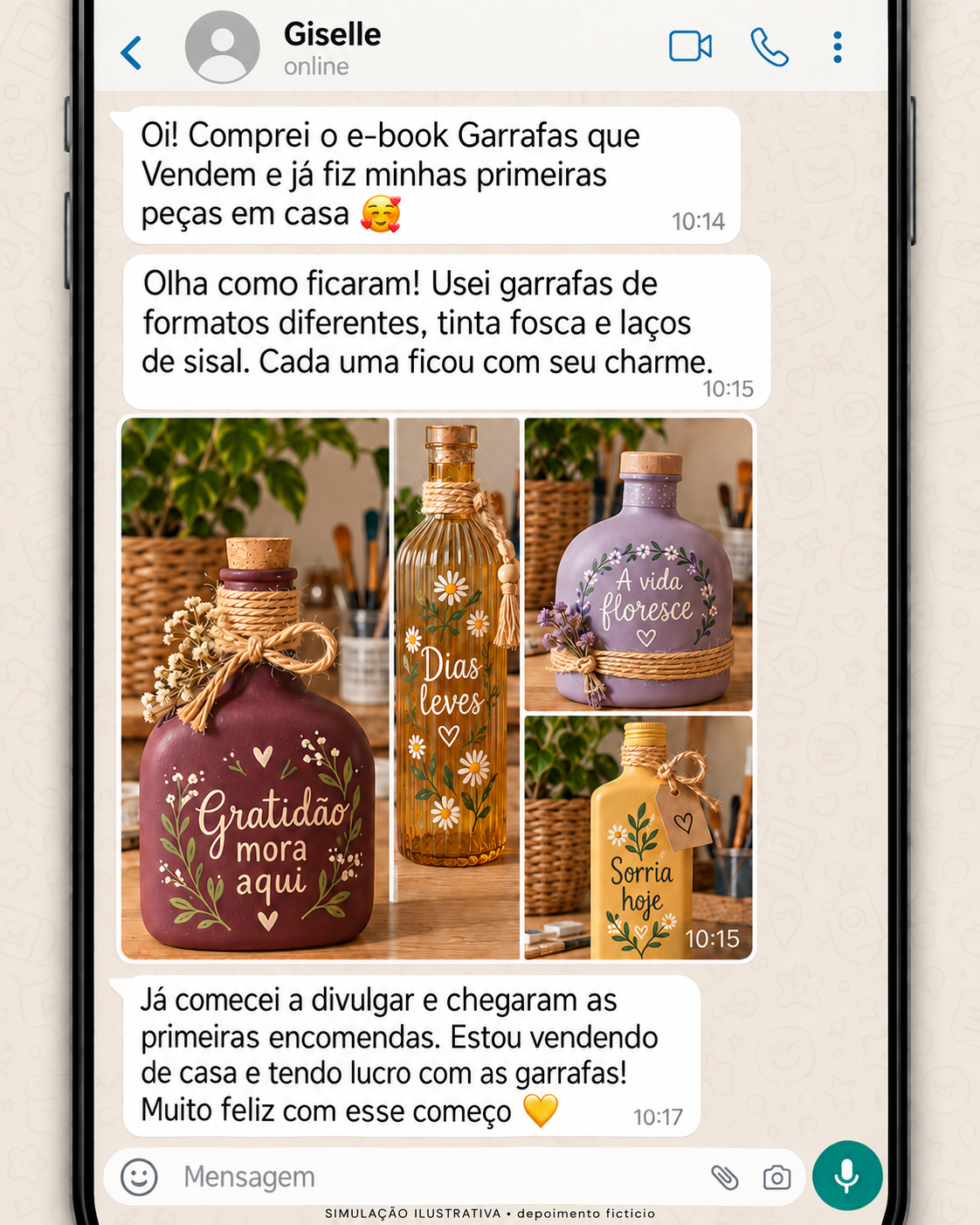 Depoimento ilustrativo de Giselle mostrando suas primeiras peças decoradas